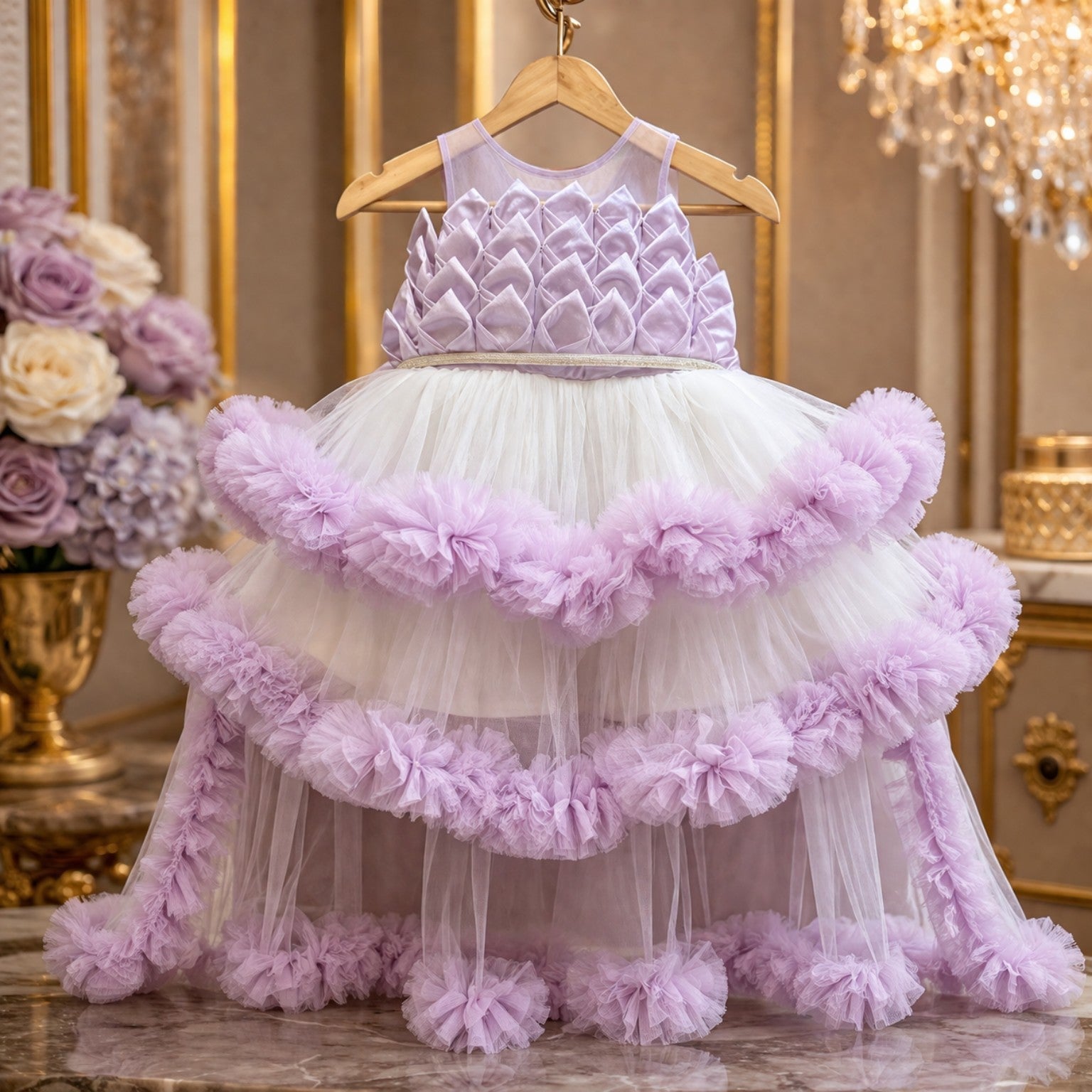 Lavender Luxury Layered Princess Party Dress party wear dress for girls - Luxaura Kidswear