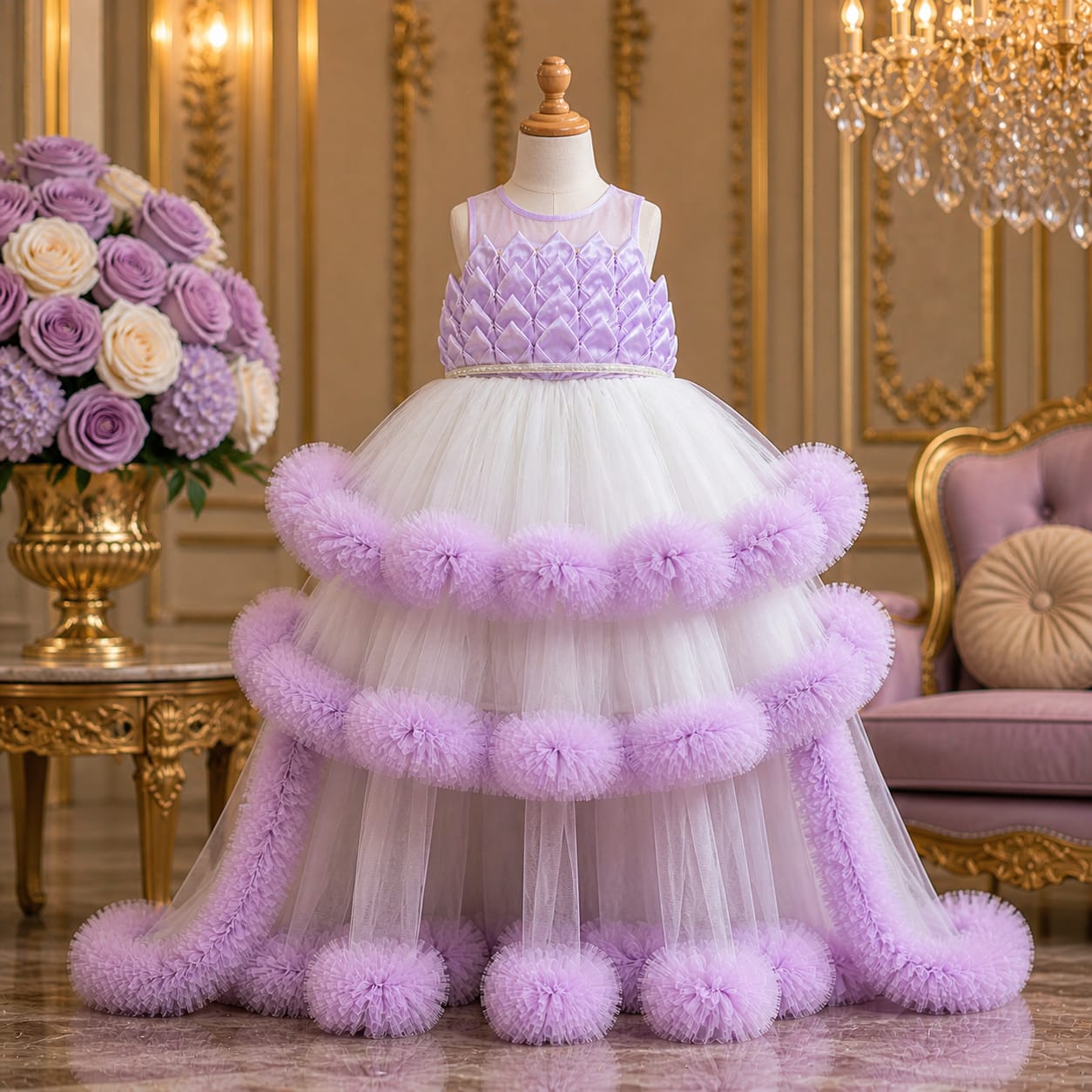 Lavender Luxury Layered Princess Party Dress party wear dress for girls - Luxaura Kidswear