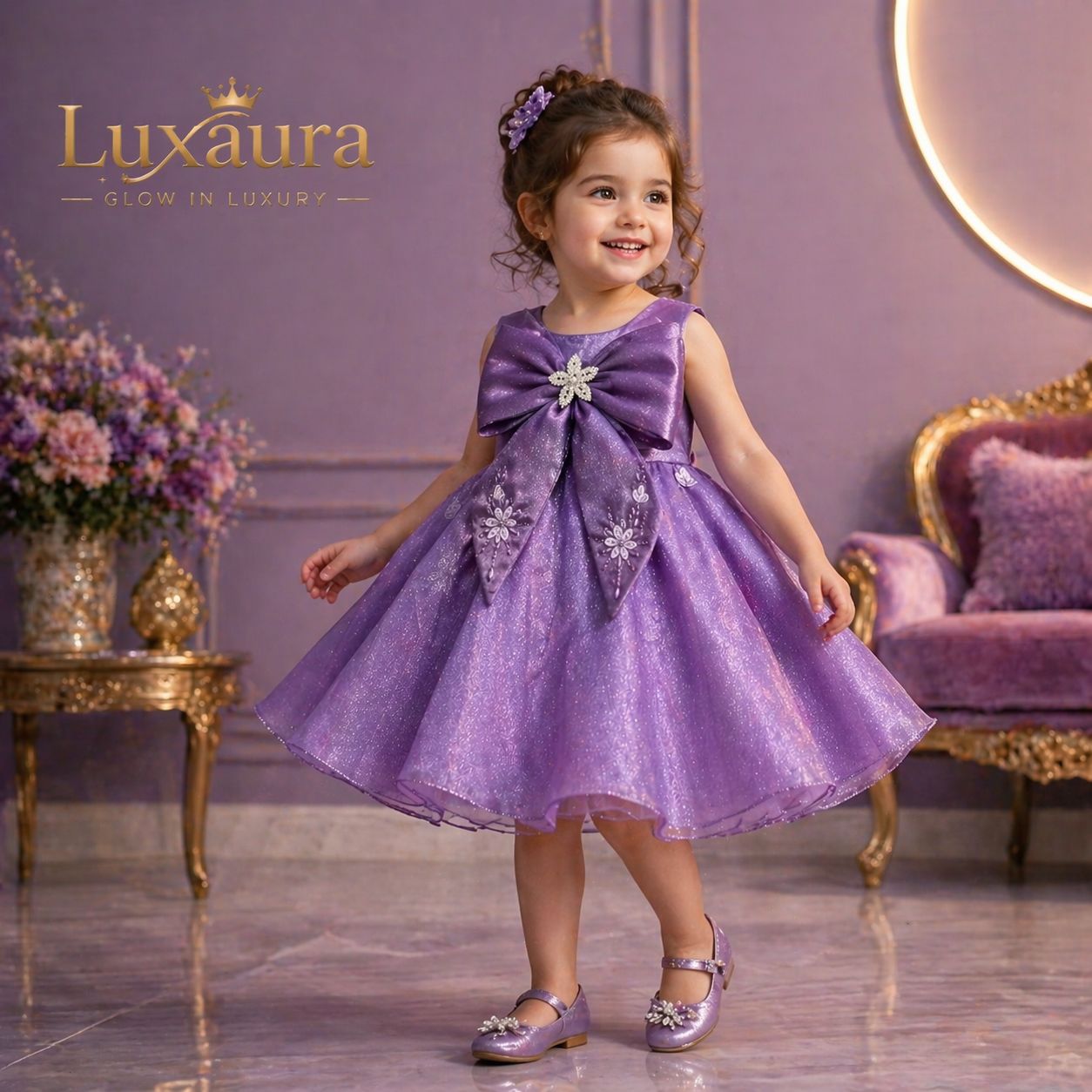 Lavender Royal Bow Party Dress party wear dress for girls - Luxaura Kidswear