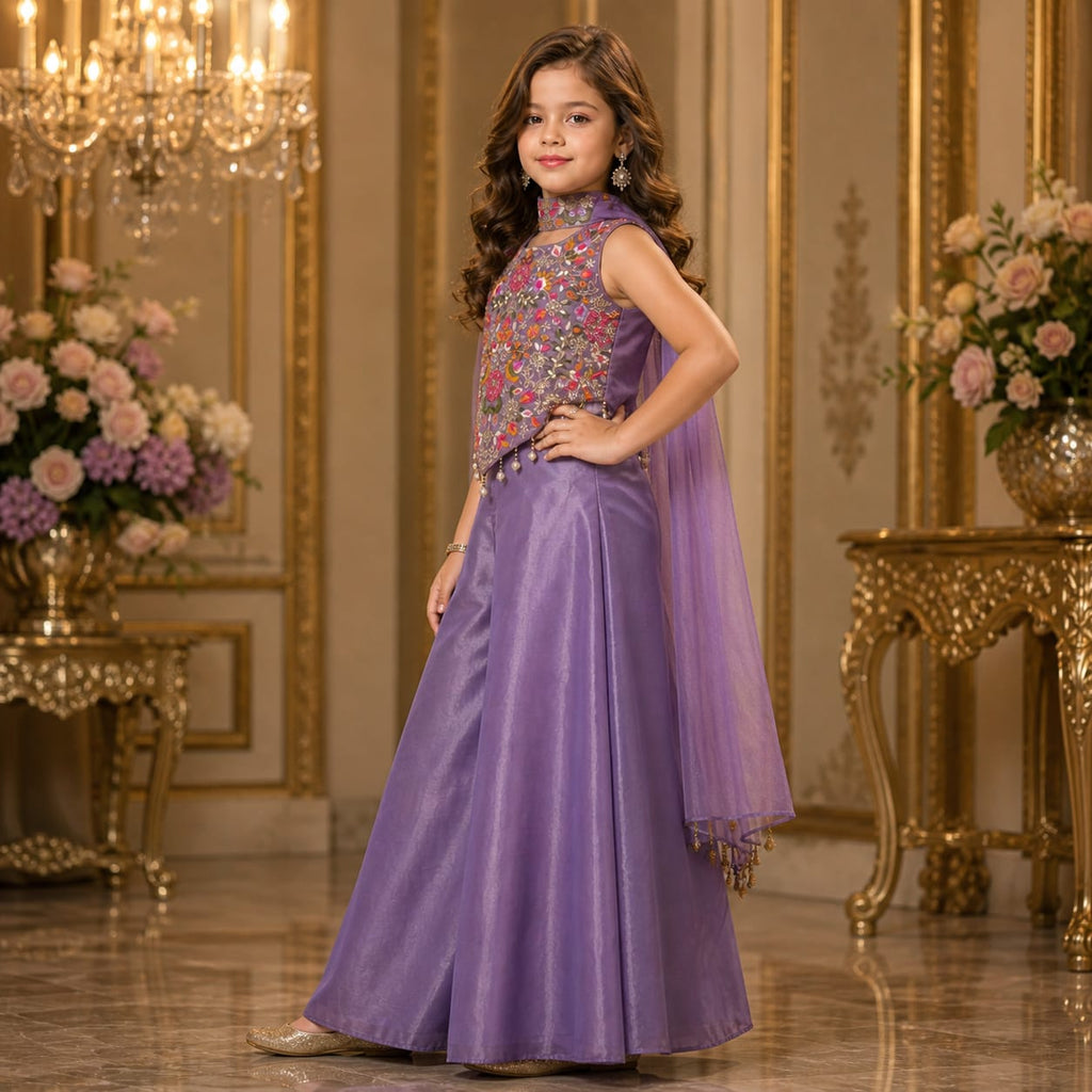 Lavender Royal Embroidered Palazzo Set with Dupatta party wear dress for girls - Luxaura Kidswear
