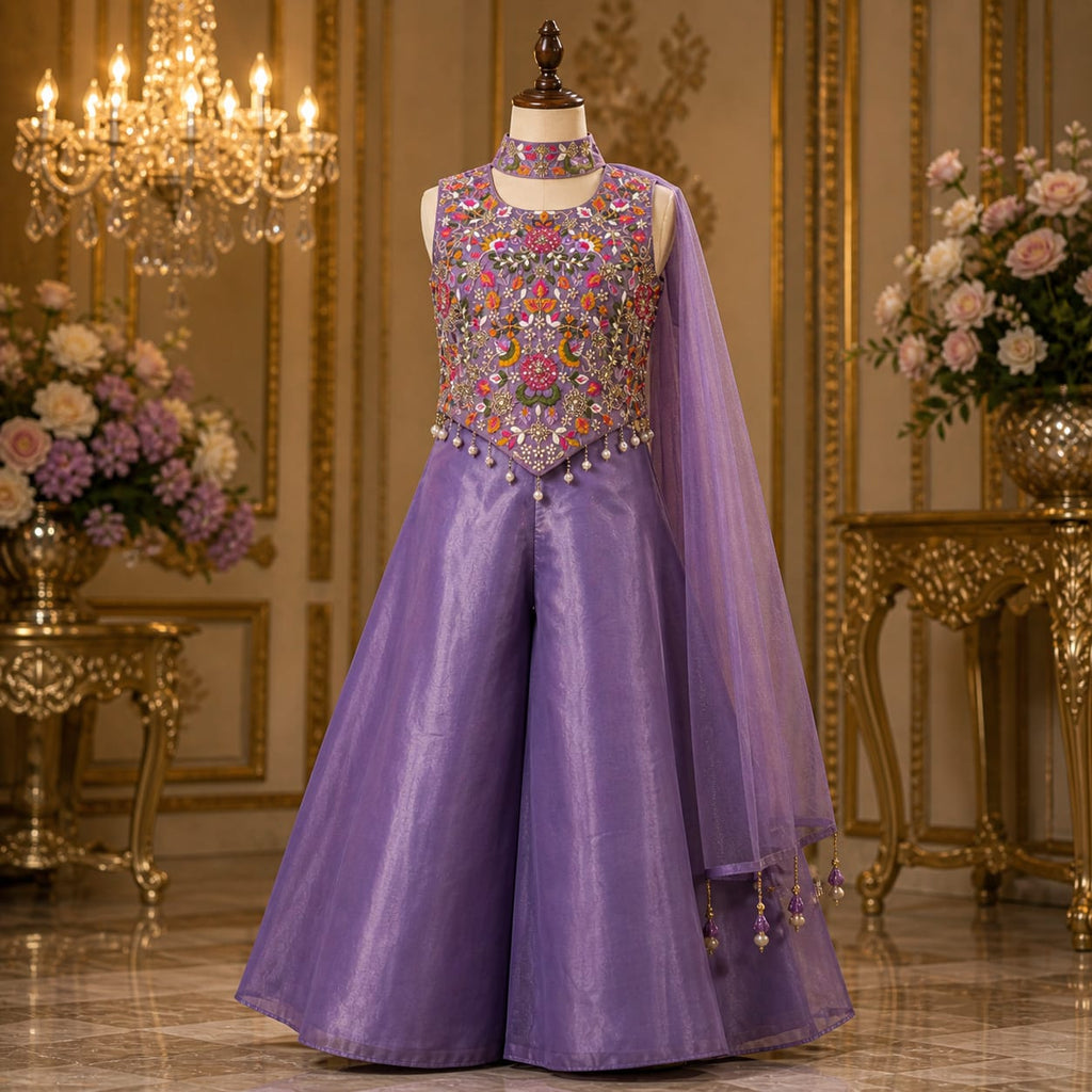 Lavender Royal Embroidered Palazzo Set with Dupatta party wear dress for girls - Luxaura Kidswear
