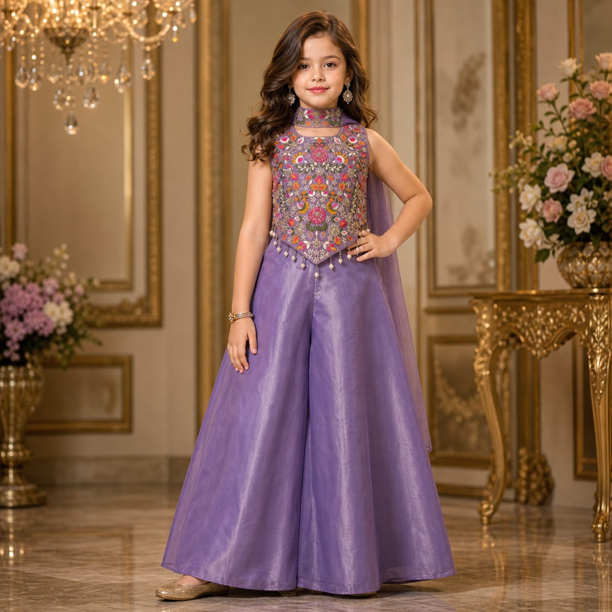 Lavender Royal Embroidered Palazzo Set with Dupatta party wear dress for girls - Luxaura Kidswear