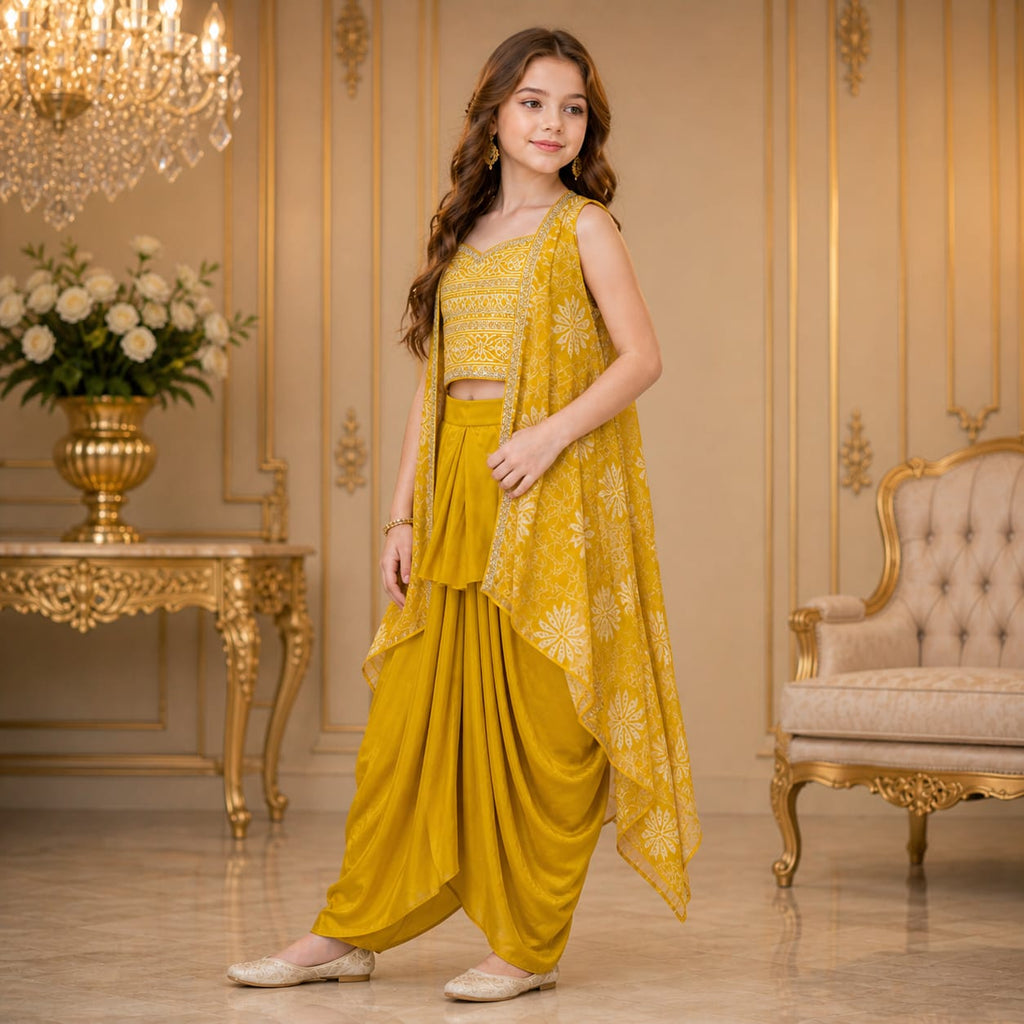 Luxaura Royal Mustard Cape Dhoti Set party wear dress for girls - Luxaura Kidswear