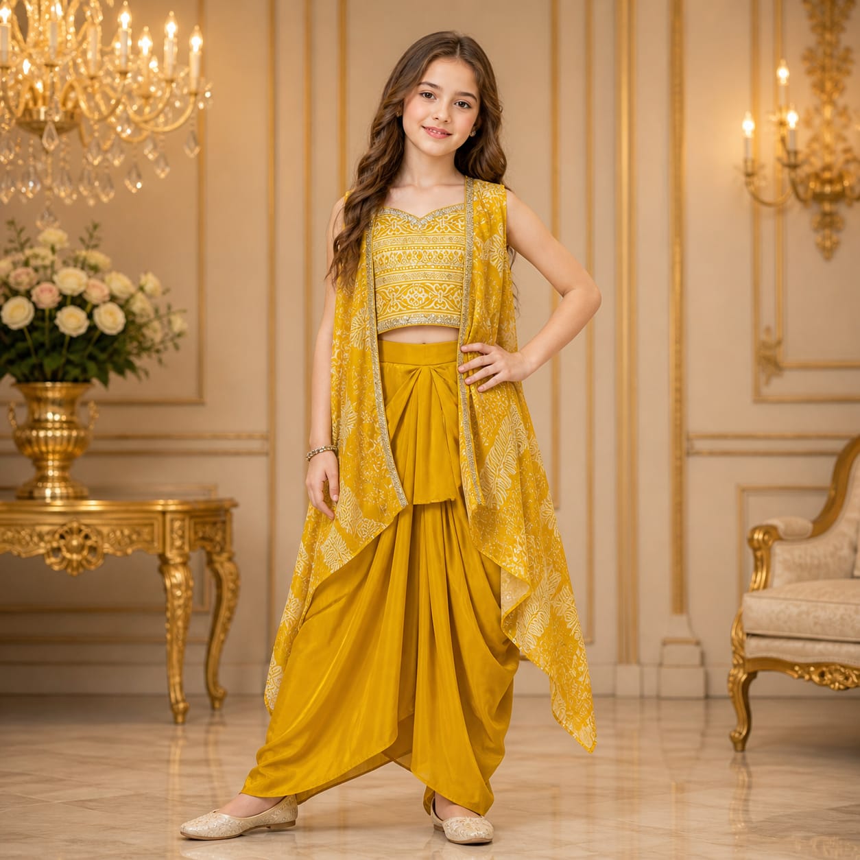 Luxaura Royal Mustard Cape Dhoti Set party wear dress for girls - Luxaura Kidswear