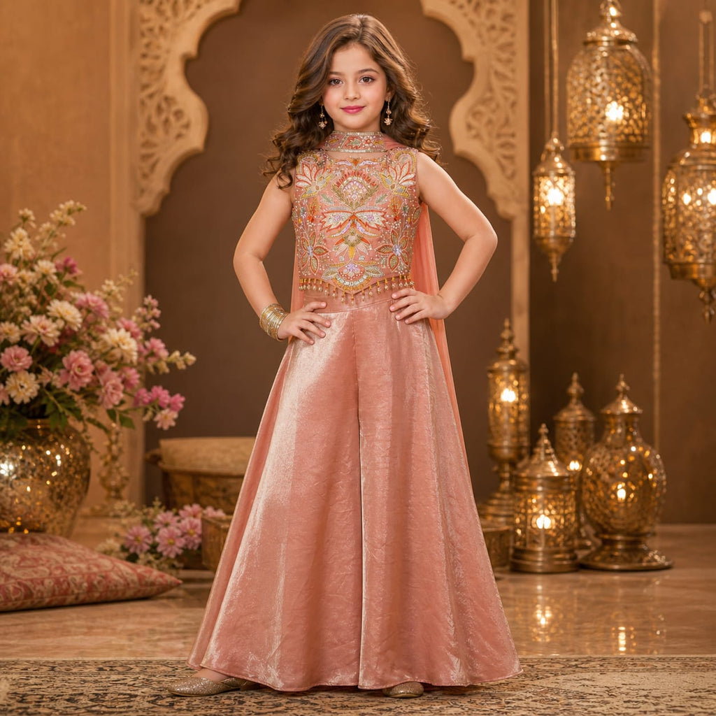 Luxury Blush Pink Floral Embroidered Palazzo with Dupatta party wear dress for girls - Luxaura Kidswear