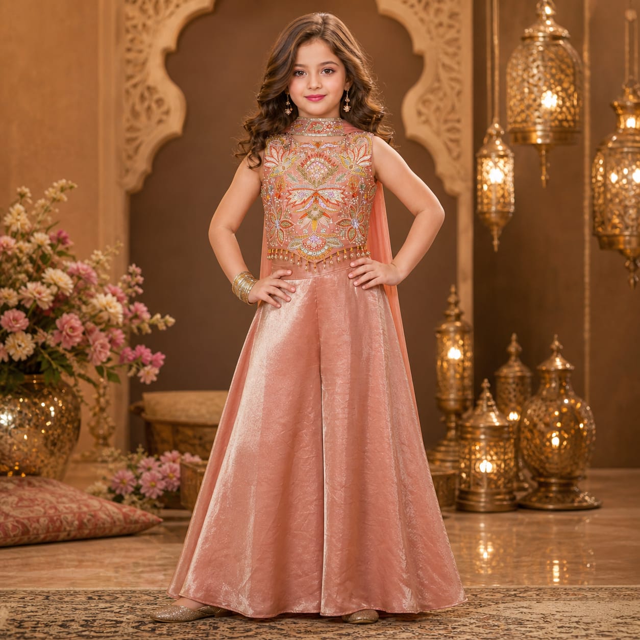 Luxury Blush Pink Floral Embroidered Palazzo with Dupatta party wear dress for girls - Luxaura Kidswear