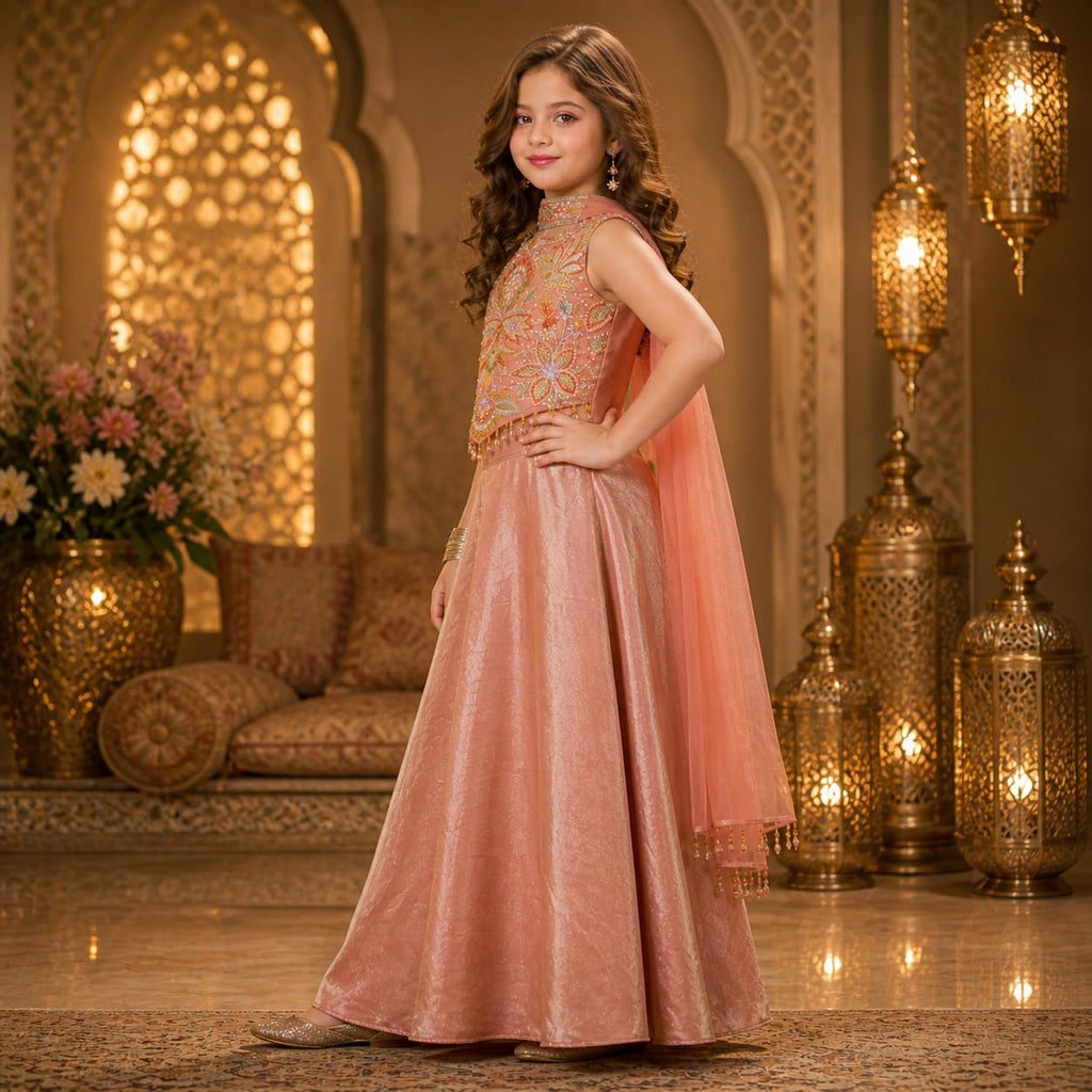 Luxury Blush Pink Floral Embroidered Palazzo with Dupatta party wear dress for girls - Luxaura Kidswear