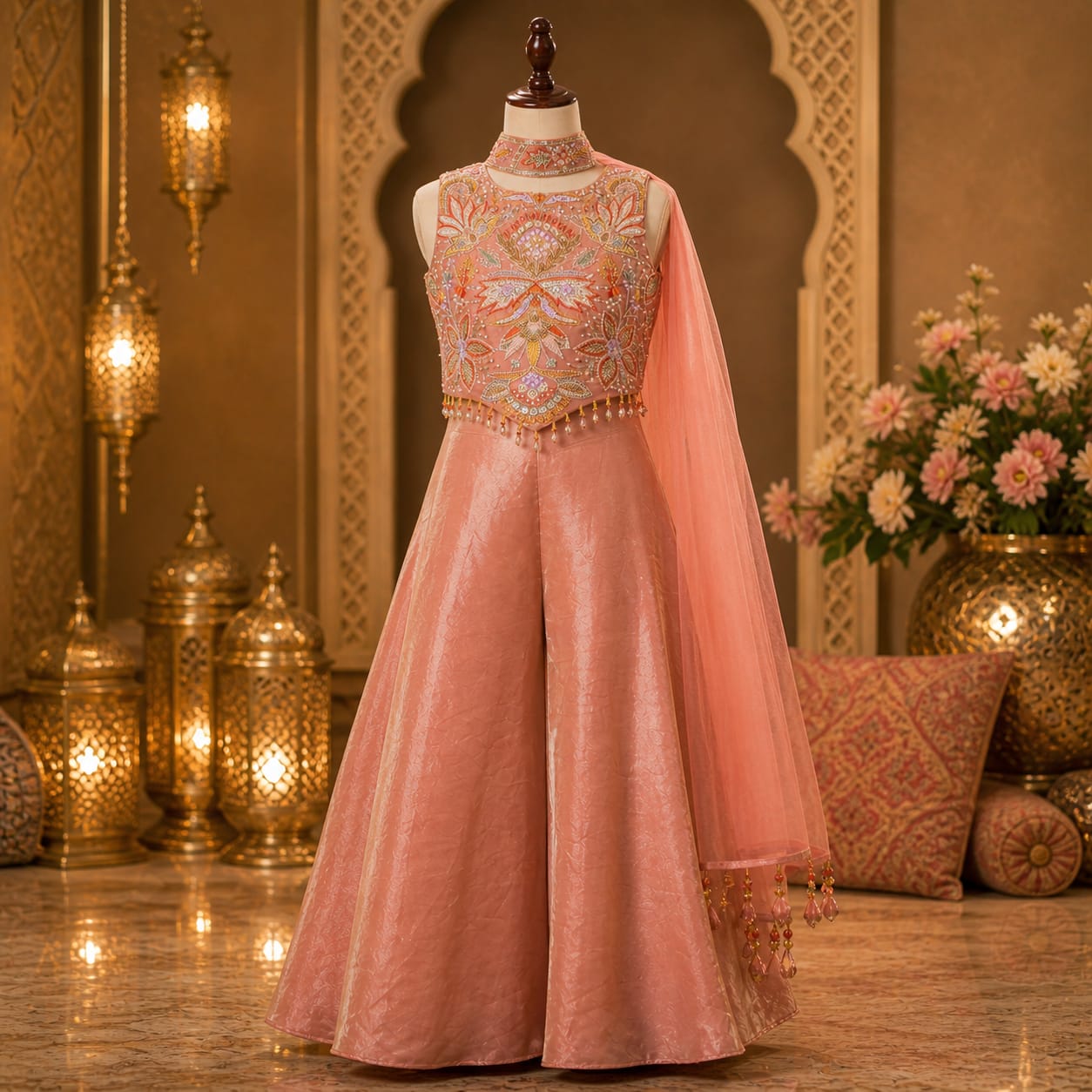 Luxury Blush Pink Floral Embroidered Palazzo with Dupatta party wear dress for girls - Luxaura Kidswear