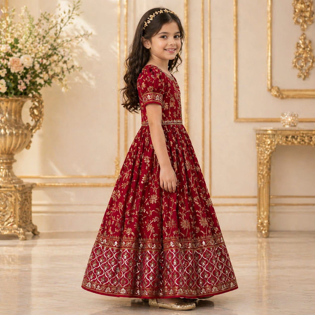 Maroon Red Embroidered Princess Gown party wear dress for girls - Luxaura Kidswear