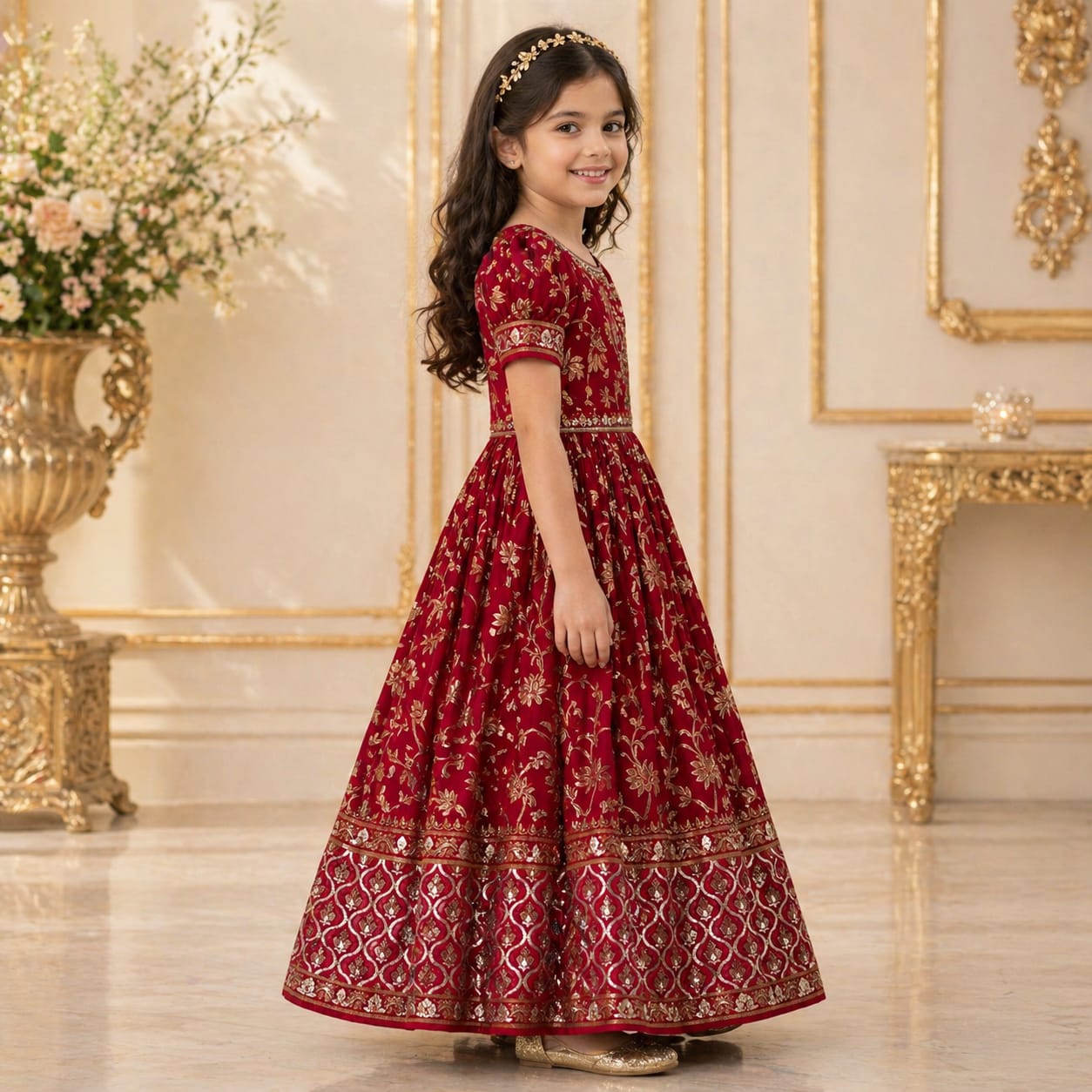 Maroon Red Embroidered Princess Gown party wear dress for girls - Luxaura Kidswear