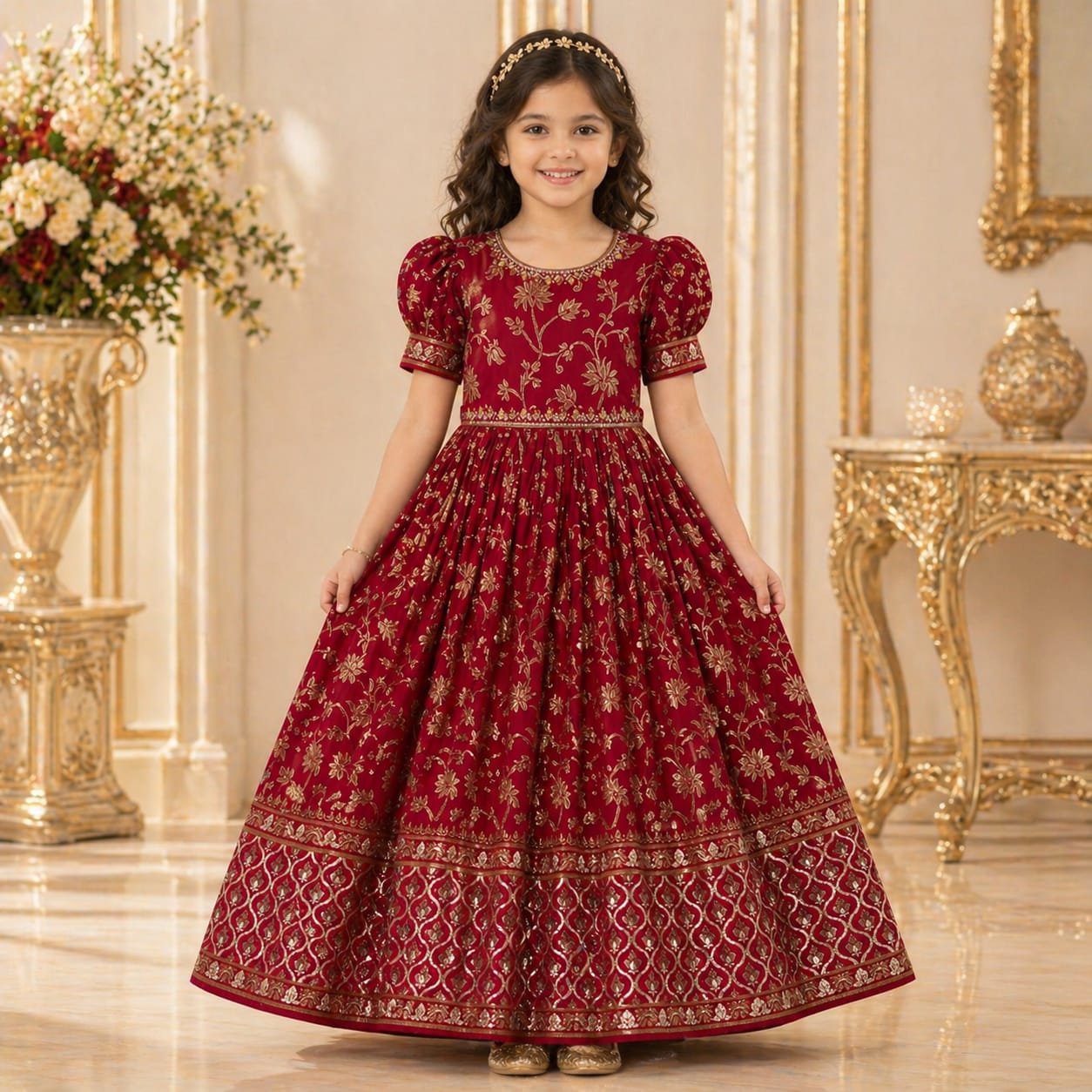 Maroon Red Embroidered Princess Gown party wear dress for girls - Luxaura Kidswear