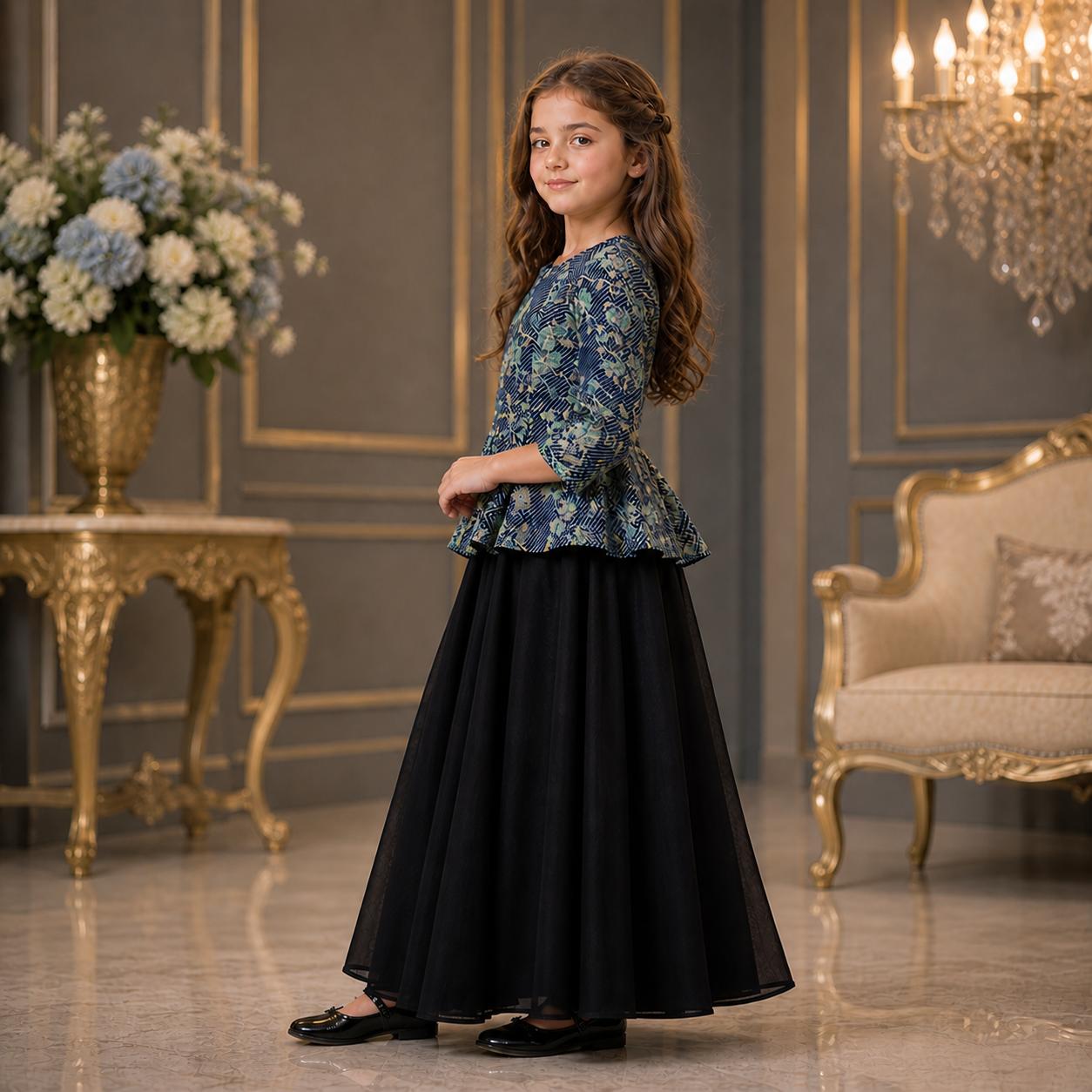 Midnight Bloom Peplum Top with Palazzo Skirt Set party wear dress for girls - Luxaura Kidswear
