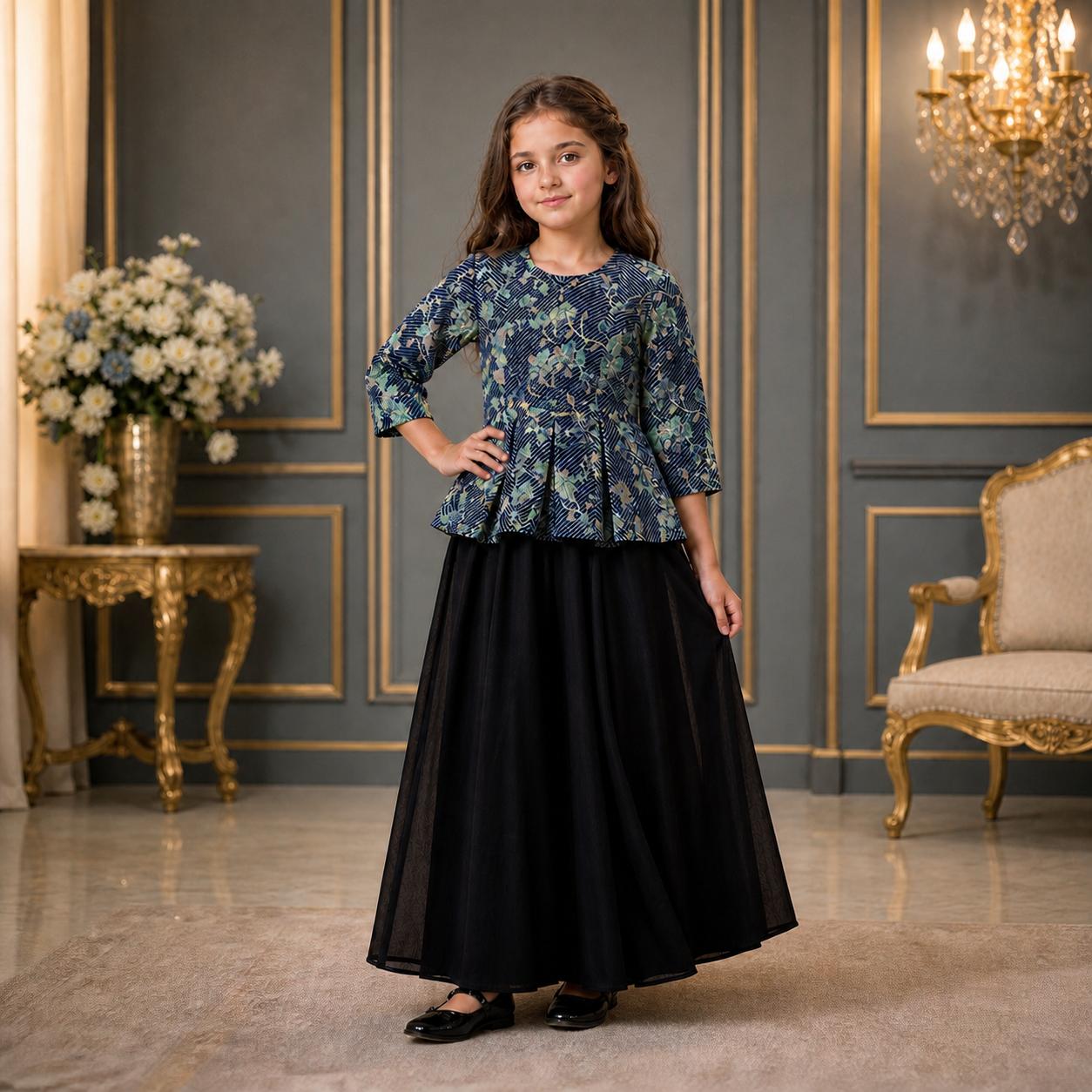 Midnight Bloom Peplum Top with Palazzo Skirt Set party wear dress for girls - Luxaura Kidswear