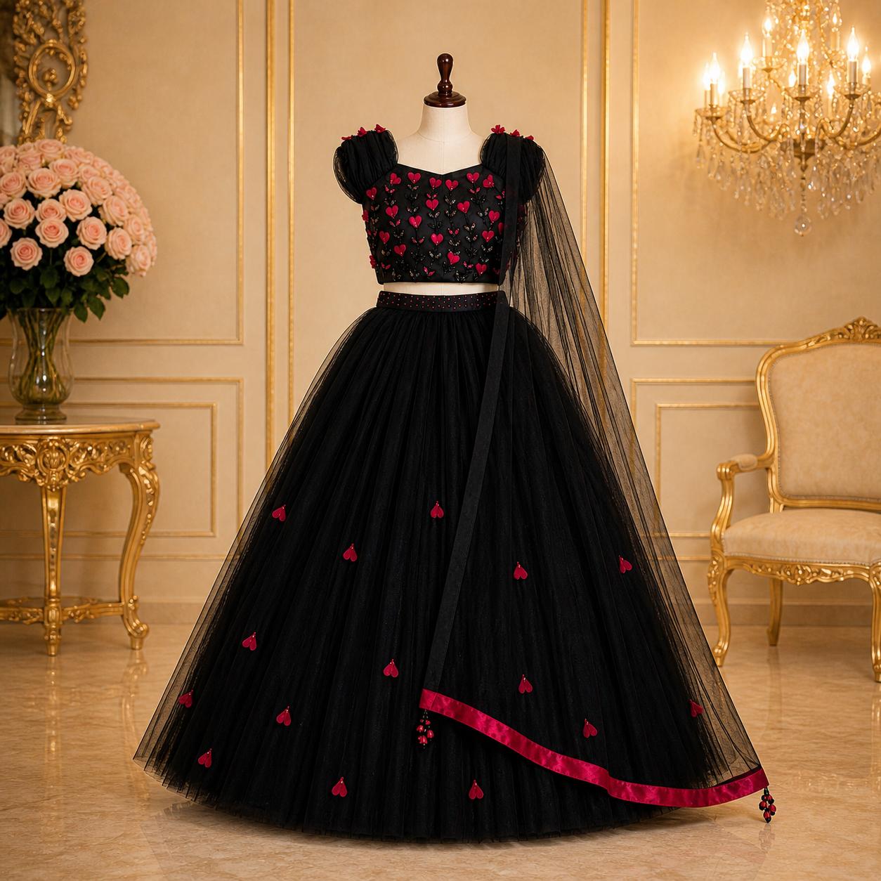 Midnight Heart Luxury Lehenga Set for Girls with Dupatta party wear dress for girls - Luxaura Kidswear