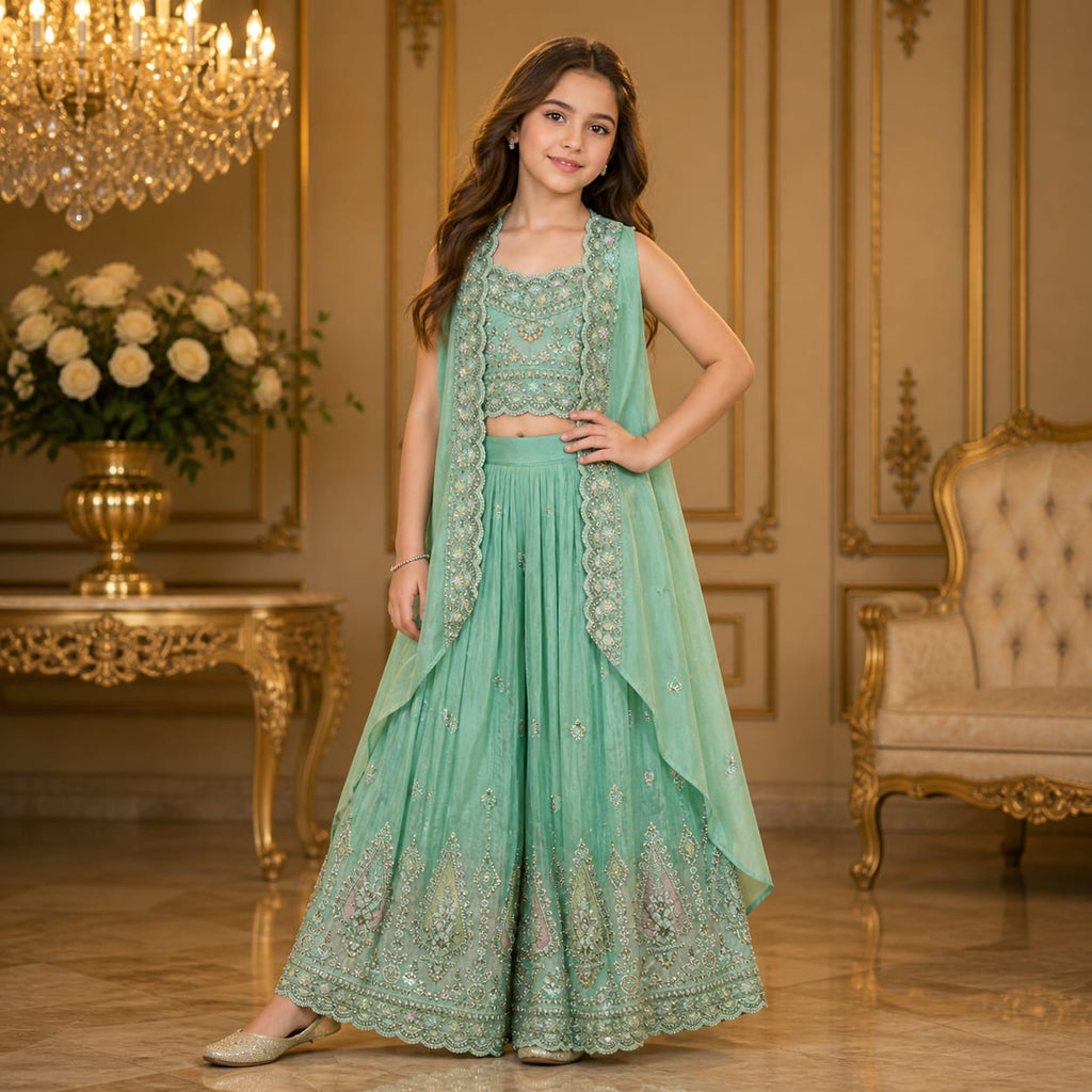 Mint Aura Couture Luxury Hand Embroidered Cape Palazzo Set party wear dress for girls - Luxaura Kidswear
