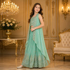 Mint Aura Couture Luxury Hand Embroidered Cape Palazzo Set party wear dress for girls - Luxaura Kidswear
