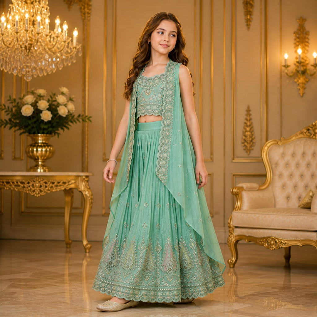Mint Aura Couture Luxury Hand Embroidered Cape Palazzo Set party wear dress for girls - Luxaura Kidswear