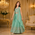 Mint Aura Couture Luxury Hand Embroidered Cape Palazzo Set party wear dress for girls - Luxaura Kidswear