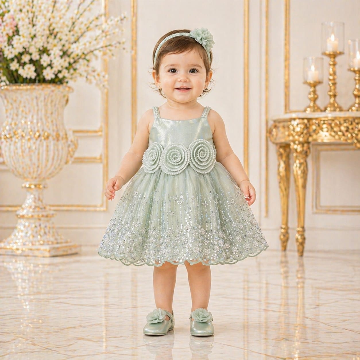 Mint Green Rose Embellished Party Dress with Matching Accessories party wear dress for girls - Luxaura Kidswear
