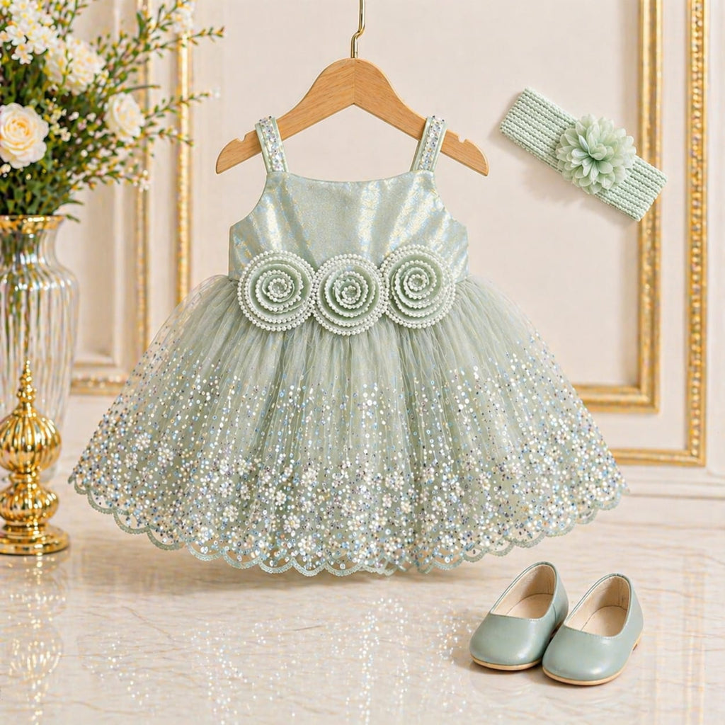 Mint Green Rose Embellished Party Dress with Matching Accessories party wear dress for girls - Luxaura Kidswear
