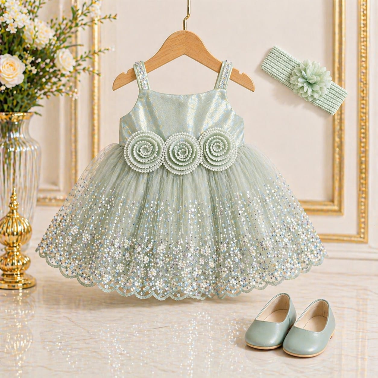 Mint Green Rose Embellished Party Dress with Matching Accessories party wear dress for girls - Luxaura Kidswear