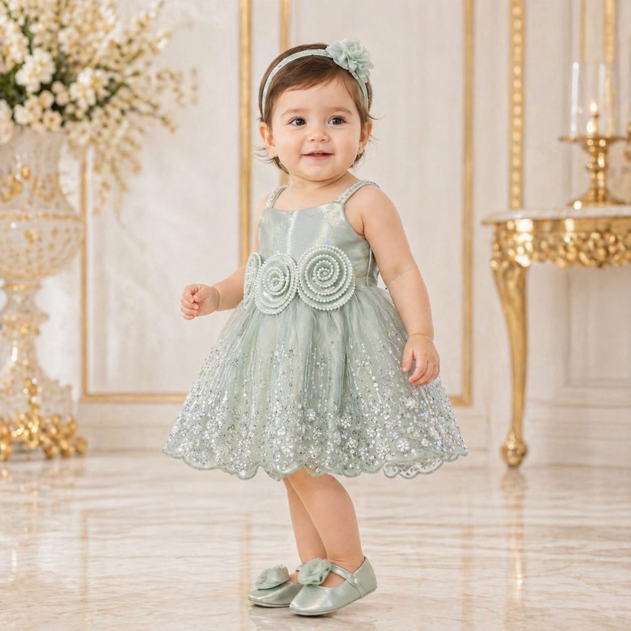 Mint Green Rose Embellished Party Dress with Matching Accessories party wear dress for girls - Luxaura Kidswear