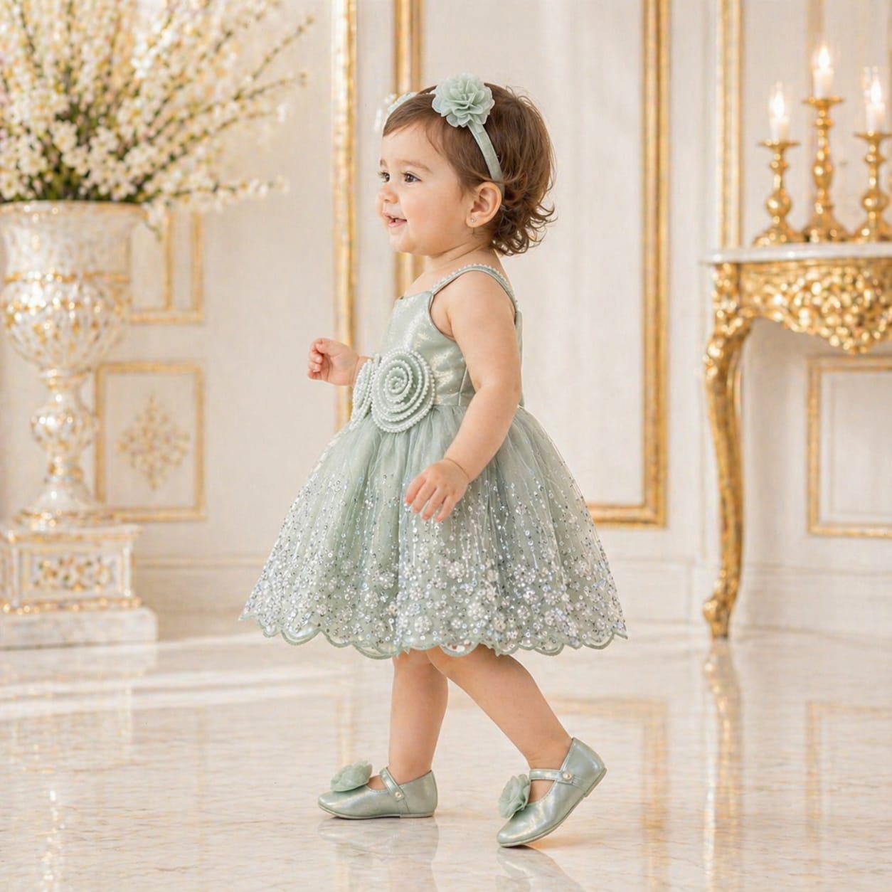 Mint Green Rose Embellished Party Dress with Matching Accessories party wear dress for girls - Luxaura Kidswear