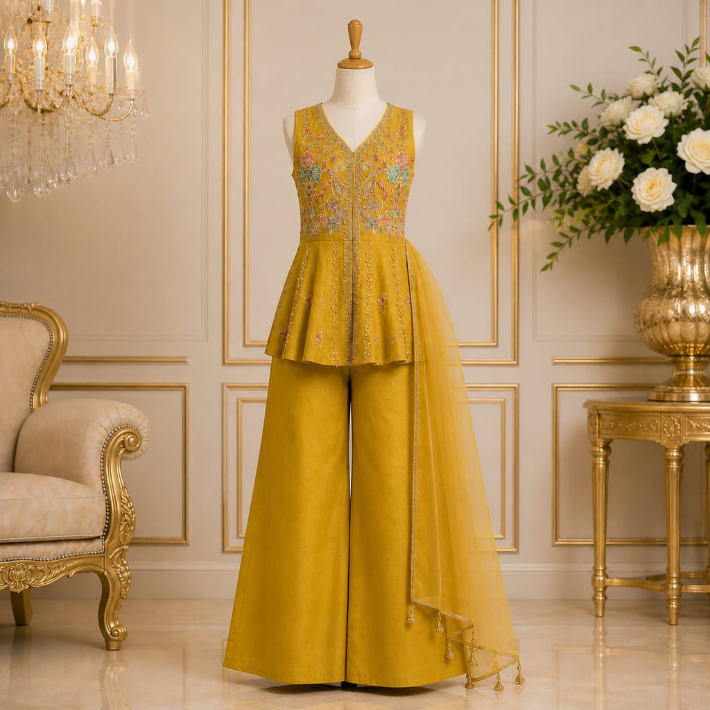 Mustard Yellow Embroidered Palazzo Set with Dupatta party wear dress for girls - Luxaura Kidswear