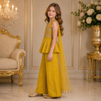 Mustard Yellow Embroidered Palazzo Set with Dupatta party wear dress for girls - Luxaura Kidswear