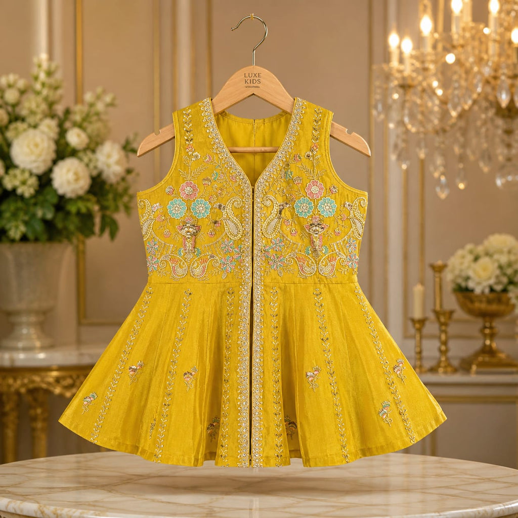 Mustard Yellow Embroidered Palazzo Set with Dupatta party wear dress for girls - Luxaura Kidswear