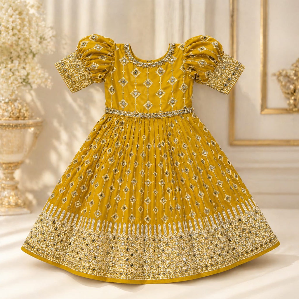 Mustard Yellow Embroidered Princess Gown party wear dress for girls - Luxaura Kidswear