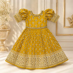 Mustard Yellow Embroidered Princess Gown party wear dress for girls - Luxaura Kidswear