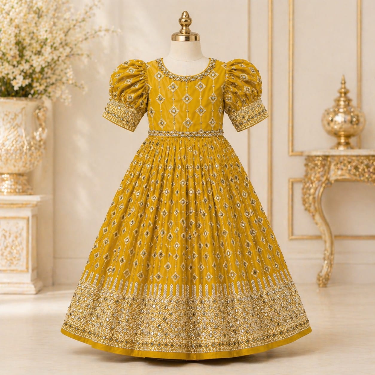 Mustard Yellow Embroidered Princess Gown party wear dress for girls - Luxaura Kidswear