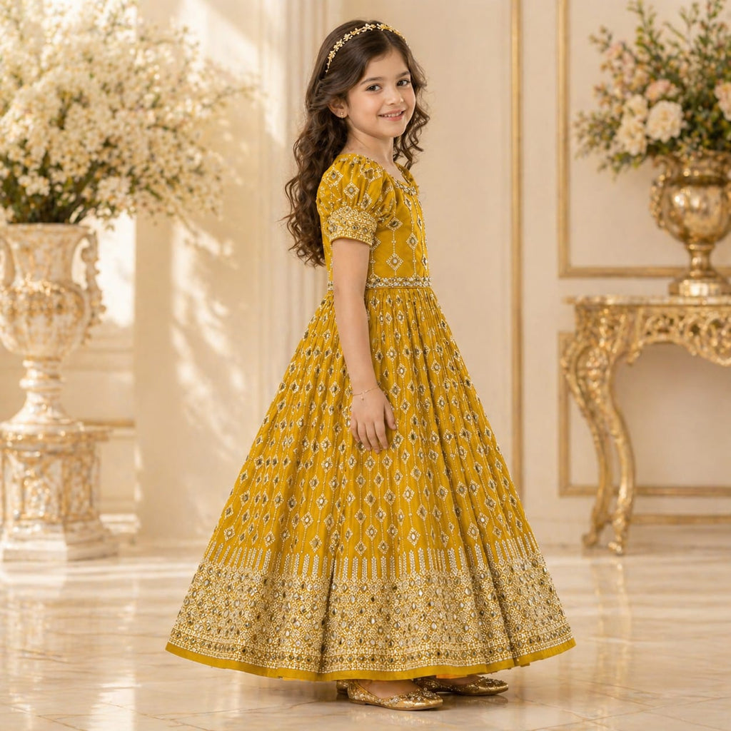 Mustard Yellow Embroidered Princess Gown party wear dress for girls - Luxaura Kidswear