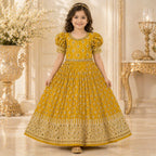 Mustard Yellow Embroidered Princess Gown party wear dress for girls - Luxaura Kidswear