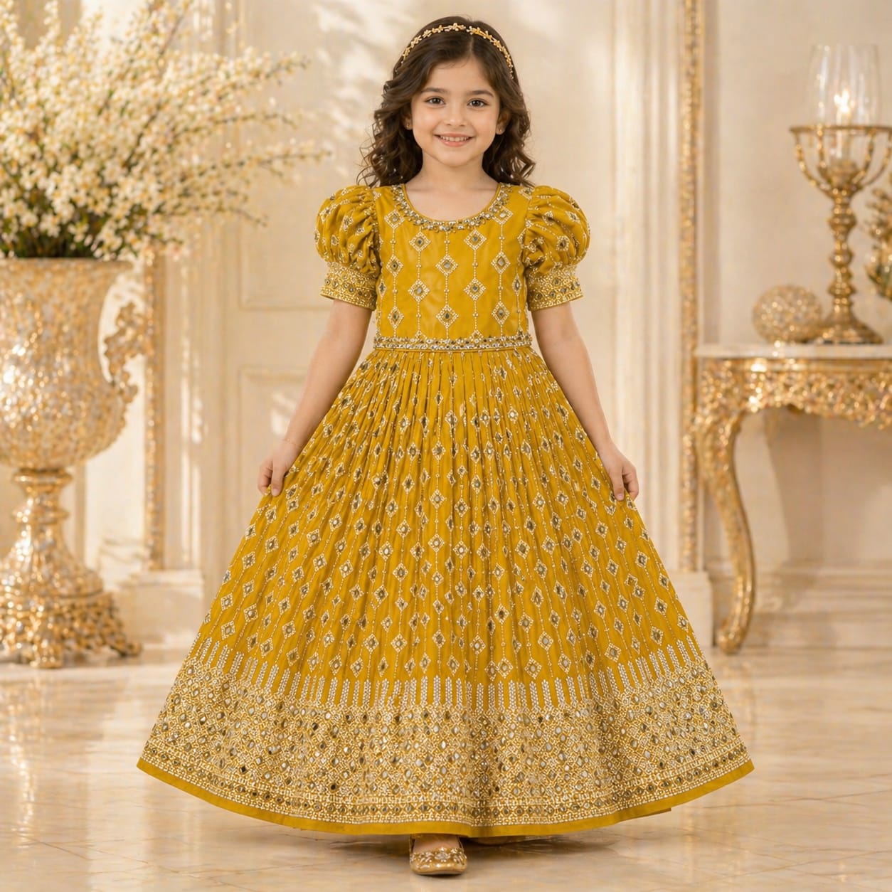 Mustard Yellow Embroidered Princess Gown party wear dress for girls - Luxaura Kidswear