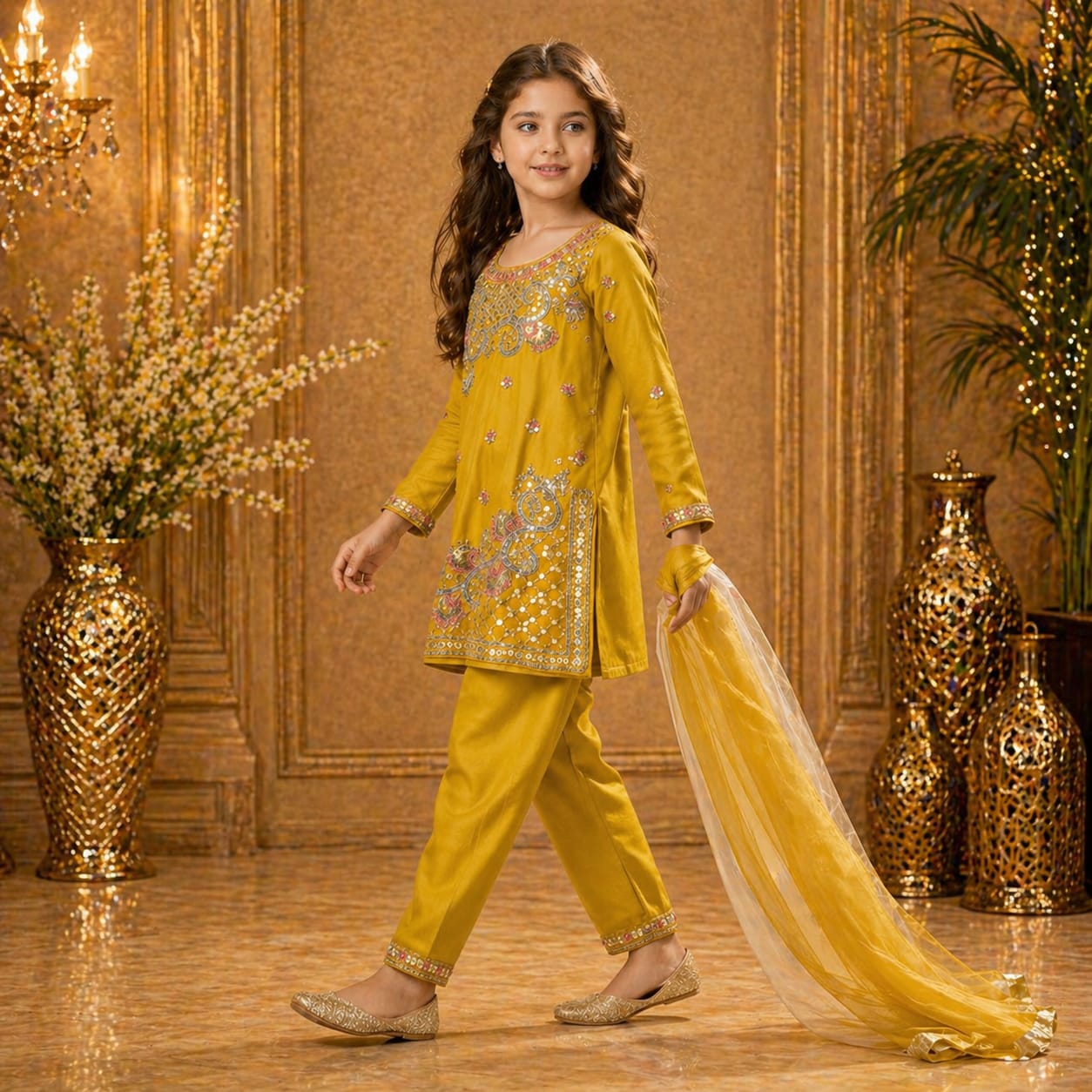 Mustard Yellow Embroidered Salvar Set with Dupatta party wear dress for girls - Luxaura Kidswear