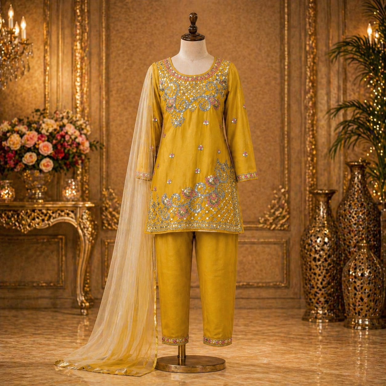 Mustard Yellow Embroidered Salvar Set with Dupatta party wear dress for girls - Luxaura Kidswear