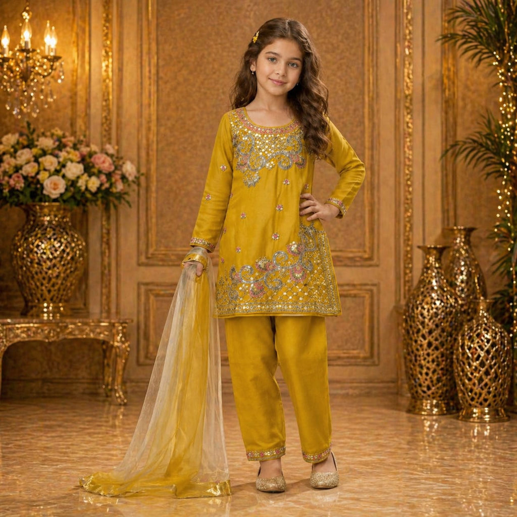 Mustard Yellow Embroidered Salvar Set with Dupatta party wear dress for girls - Luxaura Kidswear
