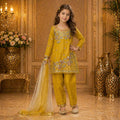 Mustard Yellow Embroidered Salvar Set with Dupatta party wear dress for girls - Luxaura Kidswear