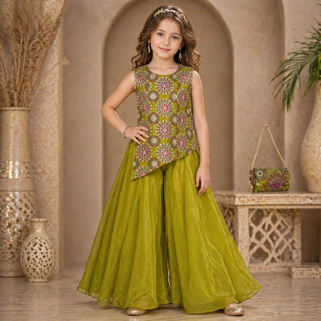 Olive Green Embroidered Palazzo Set with Dupatta party wear dress for girls - Luxaura Kidswear
