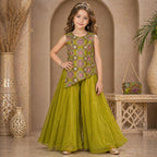 Olive Green Embroidered Palazzo Set with Dupatta party wear dress for girls - Luxaura Kidswear