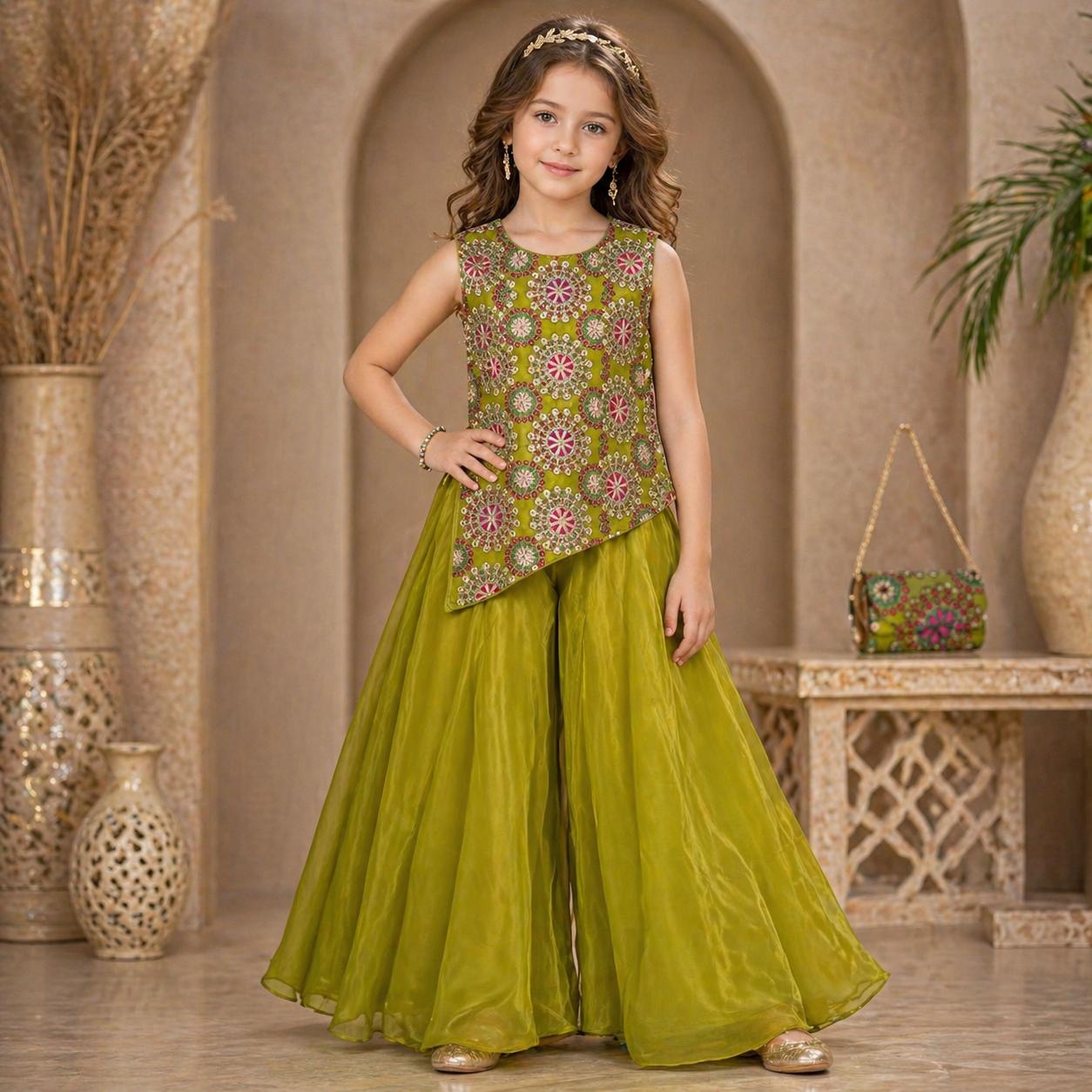Olive Green Embroidered Palazzo Set with Dupatta party wear dress for girls - Luxaura Kidswear