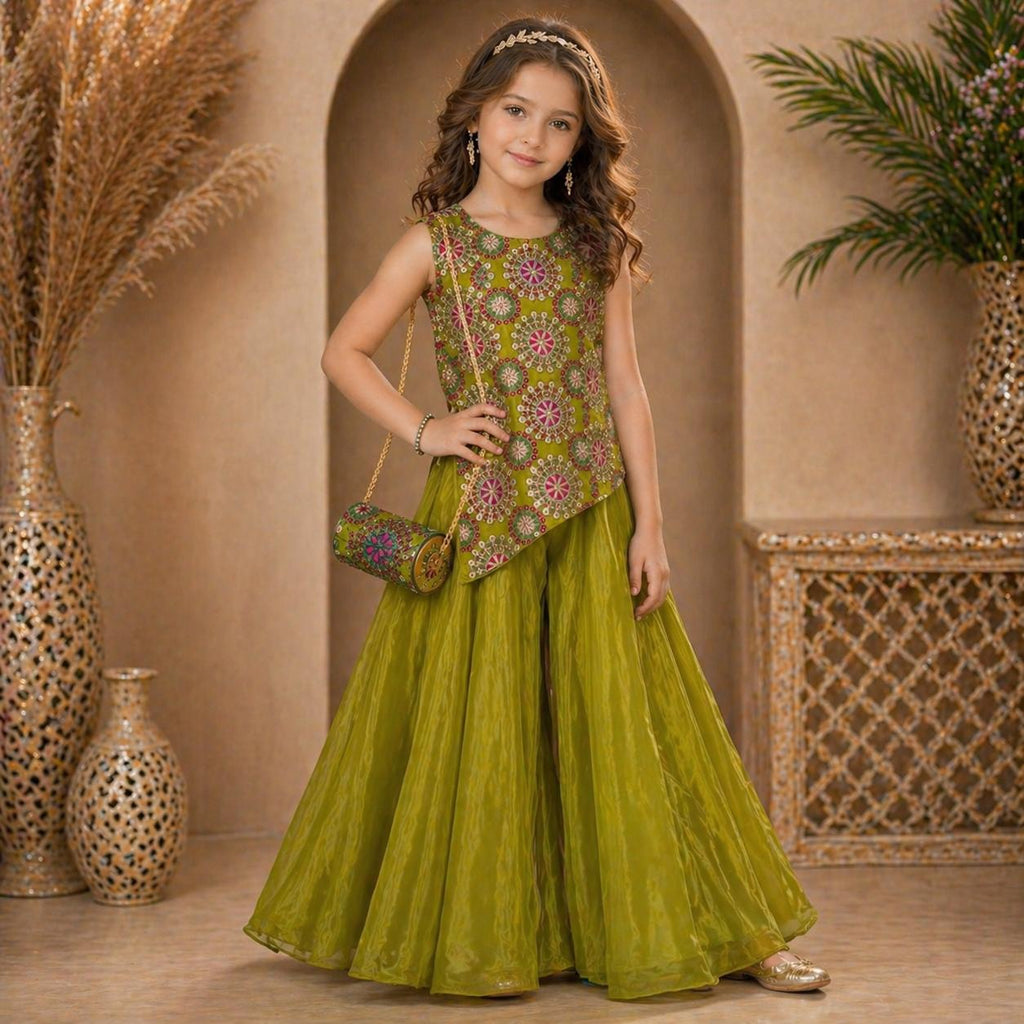 Olive Green Embroidered Palazzo Set with Dupatta party wear dress for girls - Luxaura Kidswear