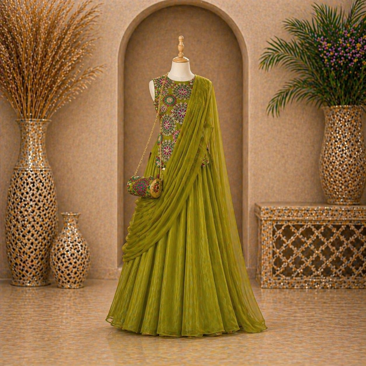 Olive Green Embroidered Palazzo Set with Dupatta party wear dress for girls - Luxaura Kidswear