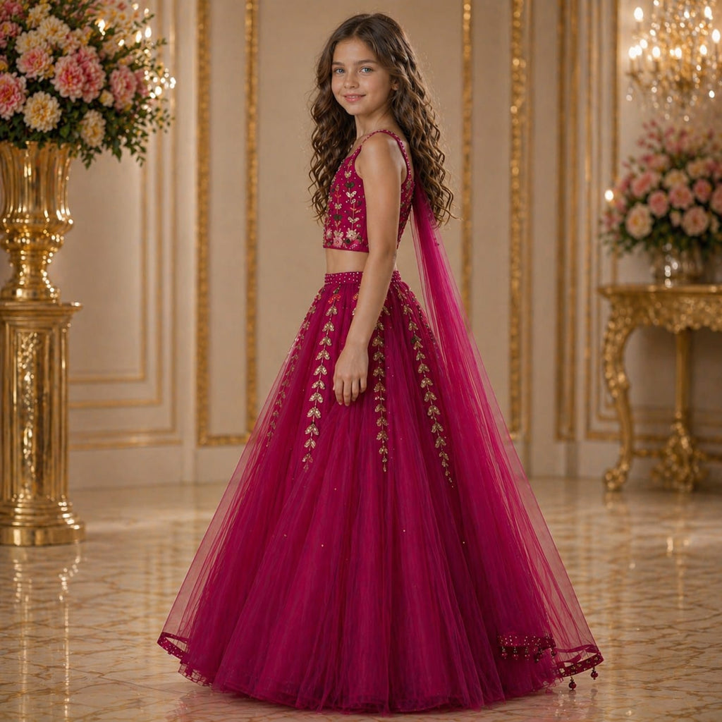 Princess Rani Pink Embroidered Lehenga Set with Dupatta party wear dress for girls - Luxaura Kidswear