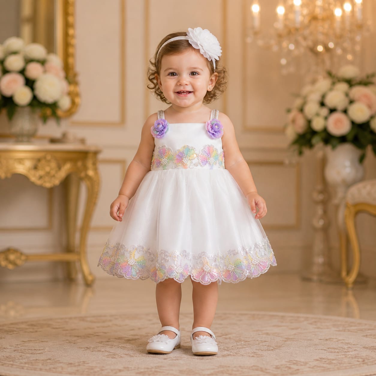 Rainbow Pearl White Embellished White Party Dress with Matching Accessories party wear dress for girls - Luxaura Kidswear