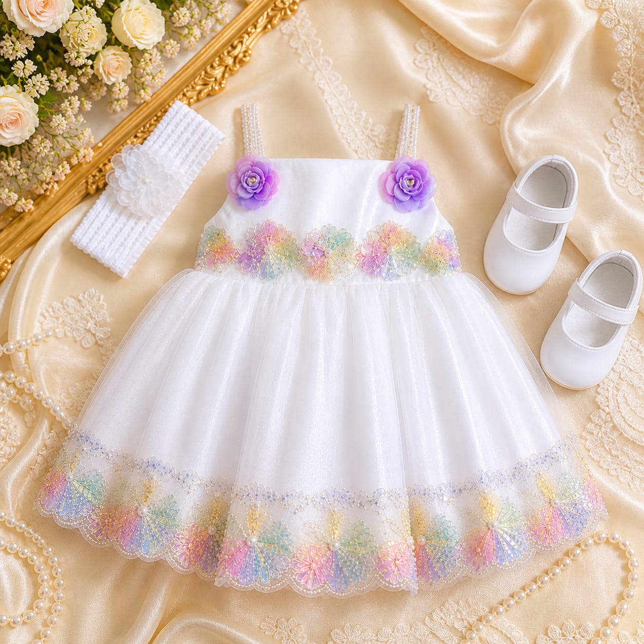Rainbow Pearl White Embellished White Party Dress with Matching Accessories party wear dress for girls - Luxaura Kidswear
