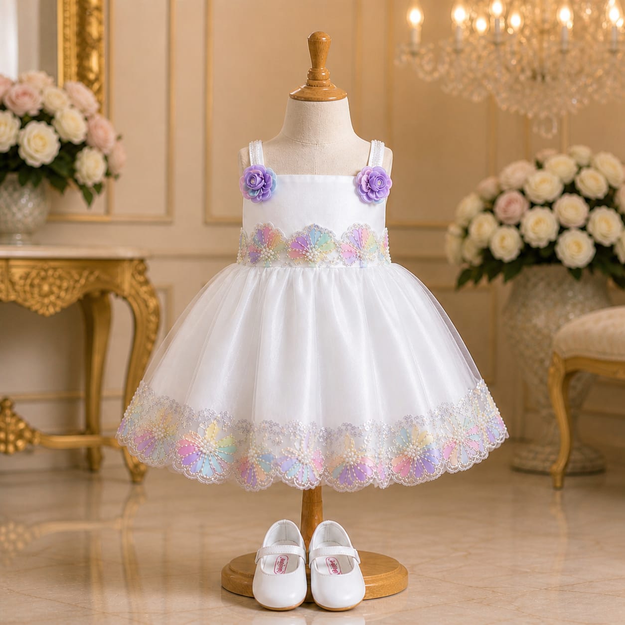 Rainbow Pearl White Embellished White Party Dress with Matching Accessories party wear dress for girls - Luxaura Kidswear