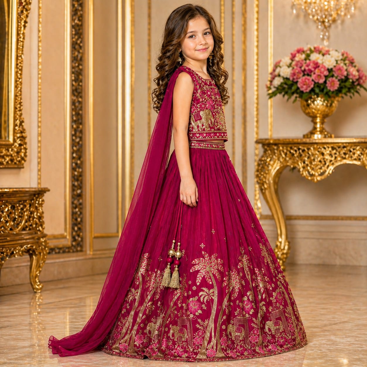 Rani Pink Embroidered Lehenga Set with Dupatta party wear dress for girls - Luxaura Kidswear